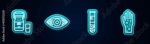 Set line Can container for milk, Reddish eye allergic conjunctivitis, Test tube and flask and Hand with psoriasis eczema. Glowing neon icon. Vector
