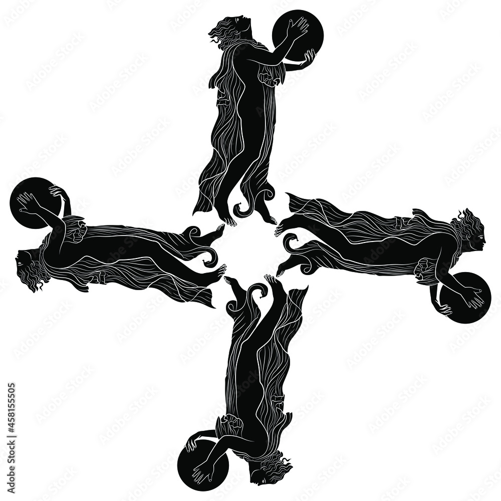 Square cross design or frame with four ancient Greek or Roman dancers