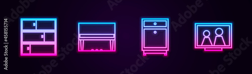 Set line Shelf, Grand piano, Furniture nightstand and Picture frame on table. Glowing neon icon. Vector