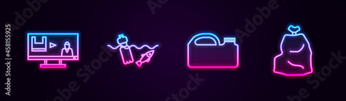 Set line Stop plastic pollution, Problem of the ocean, Canister for machine oil and Garbage bag. Glowing neon icon. Vector