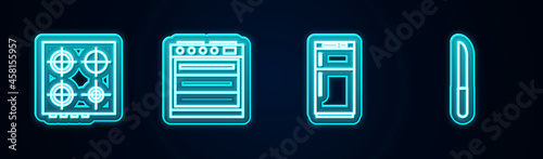 Set line Gas stove, Oven, Refrigerator and Knife. Glowing neon icon. Vector