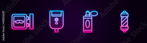 Set line Barbershop, Electric razor blade for men, Aftershave bottle with atomizer and Classic pole. Glowing neon icon. Vector