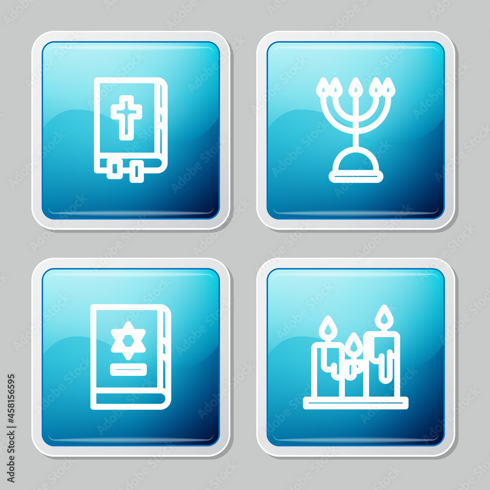 Set line Holy bible book, Hanukkah menorah, Jewish torah and Burning candles icon. Vector Set line Holy bible book, Hanukkah menorah, Jewish torah and Burning candles icon. Vector