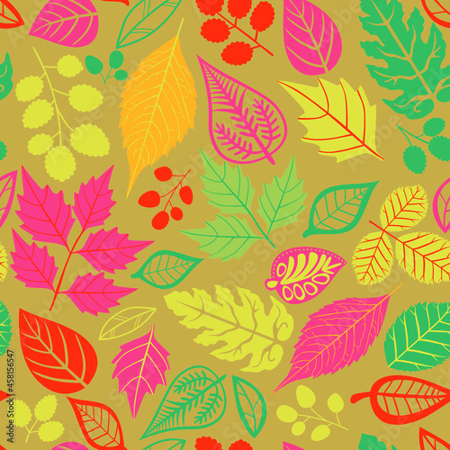 Autumn Leaves on Coloured Background, Seamless Repeat Pattern 