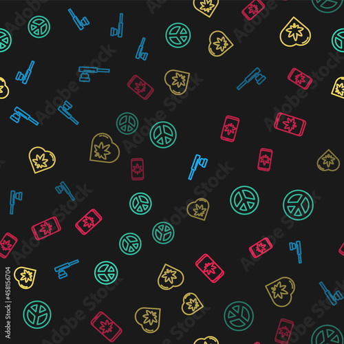 Set line Smoking pipe, Peace, Marijuana leaf heart and Mobile and marijuana or cannabis on seamless pattern. Vector