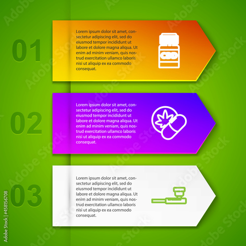 Set line Medical bottle with cannabis, Herbal ecstasy tablets, Smoking pipe and Glass bong for smoking. Business infographic template. Vector