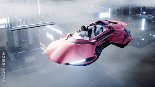 young girl on a flying car in the over clouds. Future concept. 3d rendering.