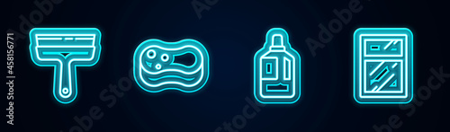 Set line Rubber cleaner for windows, Sponge, Fabric softener and Cleaning service. Glowing neon icon. Vector