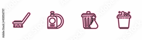Set line Brush for cleaning, Trash can and garbage bag, Dishwashing liquid bottle plate and Bucket with soap suds icon. Vector