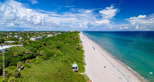high aerial drone panoramic view of Beach in Boca Raton, Florida with city

