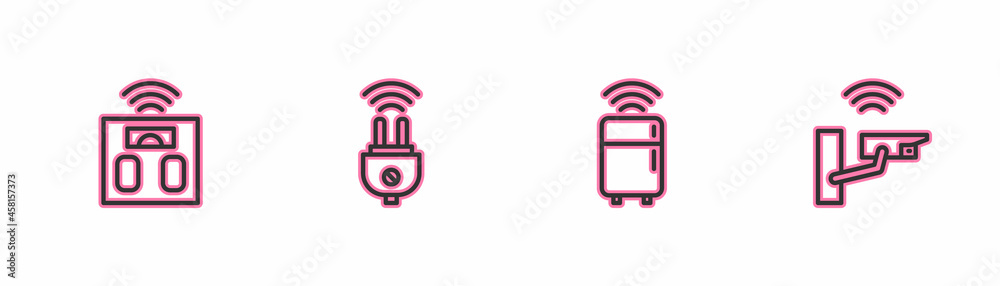 Set line Smart bathroom scales, refrigerator, electric plug and security camera icon. Vector Set line Smart bathroom scales, refrigerator, electric plug and security camera icon. Vector