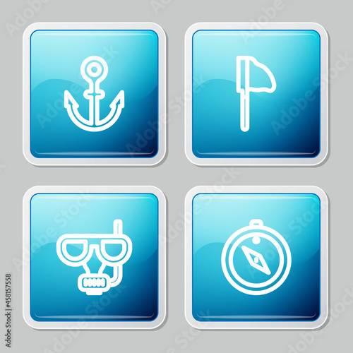 Set line Anchor, Fishing net with fish, Diving mask and snorkel and Compass icon. Vector