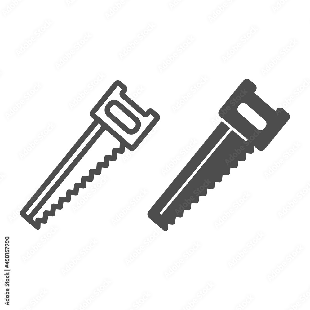 Saw tool, hacksaw line and solid icon, gardening concept, hand saw vector sign on white background, outline style icon for mobile concept and web design. Vector graphics. Saw tool, hacksaw line and solid icon, gardening concept, hand saw vector sign on white background, outline style icon for mobile concept and web design. Vector graphics.