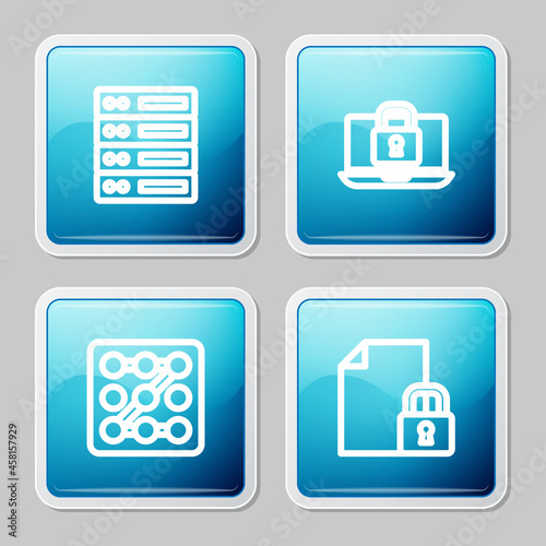Set line Server, Data, Web Hosting, Laptop and lock, Graphic password protection and Document icon. Vector