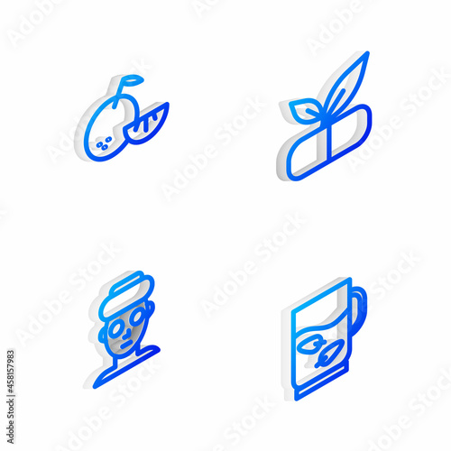 Set Isometric line Medical pill with plant, Citrus fruit, Facial cosmetic mask and Cup of tea and leaf icon. Vector