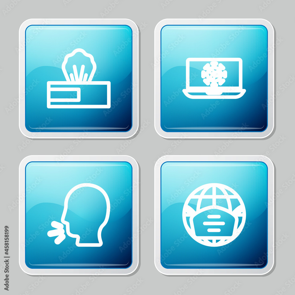 Set line Wet wipe pack, Virus statistics on laptop, Man coughing and Earth with medical mask icon. Vector Set line Wet wipe pack, Virus statistics on laptop, Man coughing and Earth with medical mask icon. Vector