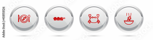 Set line Served fish on a plate, Grilled steak, Crab and Soup with octopus. Silver circle button. Vector