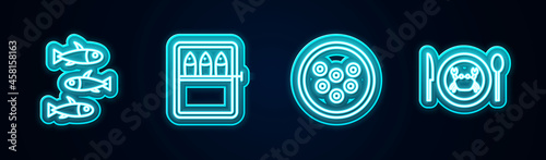 Set line Fishes, Canned fish, Caviar on plate and Served crab. Glowing neon icon. Vector