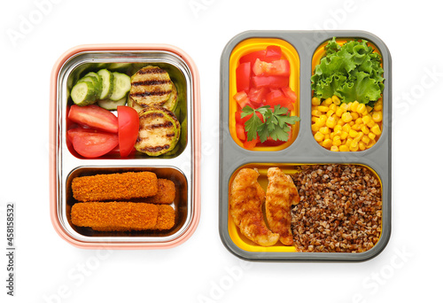 Containers with natural healthy food on white background