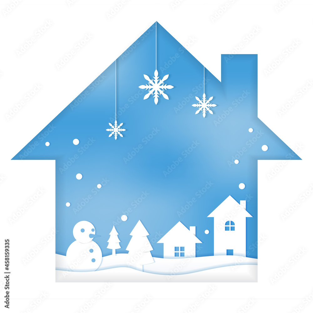 Snowman House Snow Winter Season Paper Cut Style Illustration