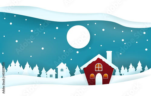 Snow House Pine Trees Winter Papercut Paper Cut Style Illustration