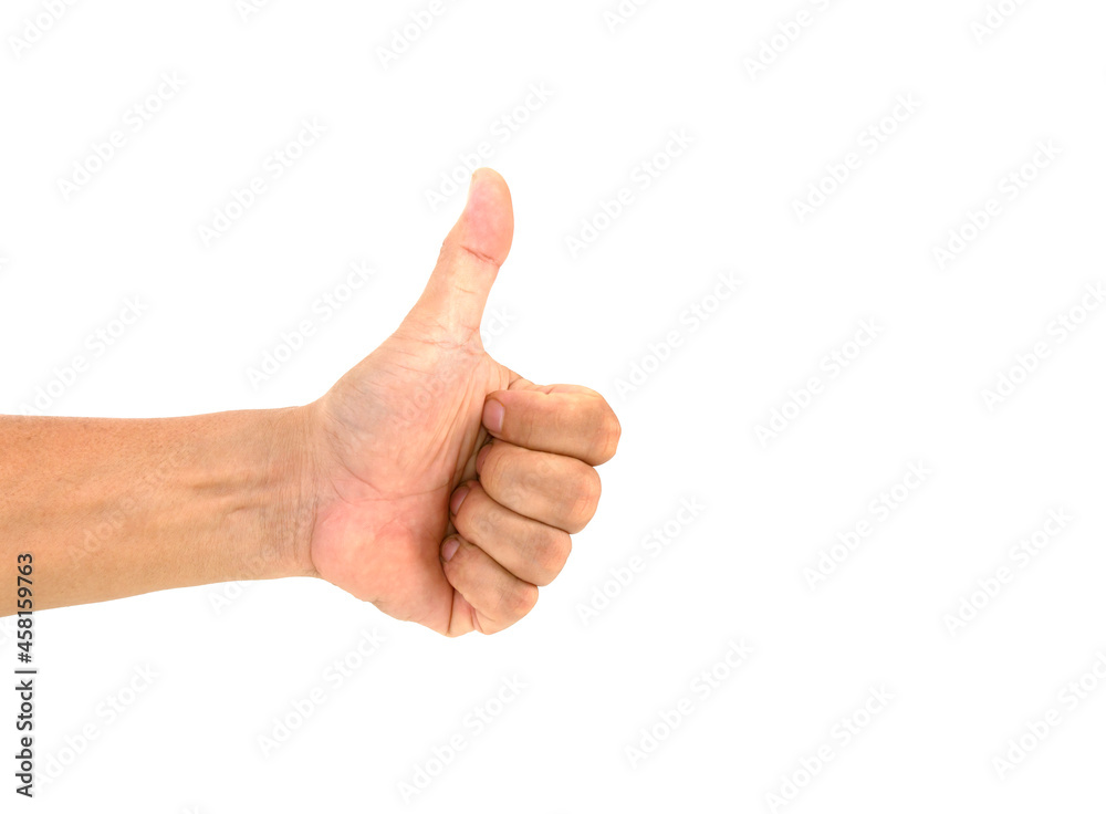The man's hand thumbs up, showing Excellent Symbol. on isolated white background The man's hand thumbs up, showing Excellent Symbol. on isolated white background