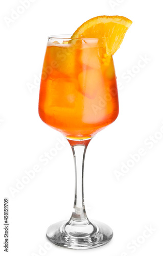 Glass of Aperol spritz cocktail on white background