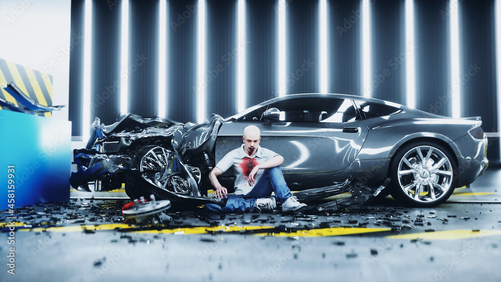 Human crash test dummy sitting near destroyed car crash test. Future concept. 3d rendering. - obrazy, fototapety, plakaty 
