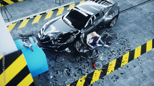 Human crash test dummy sitting near destroyed car crash test. Future concept. 3d rendering.