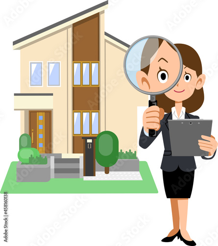 書類を手に持ち虫眼鏡を覗くスーツ姿の女性と住宅
