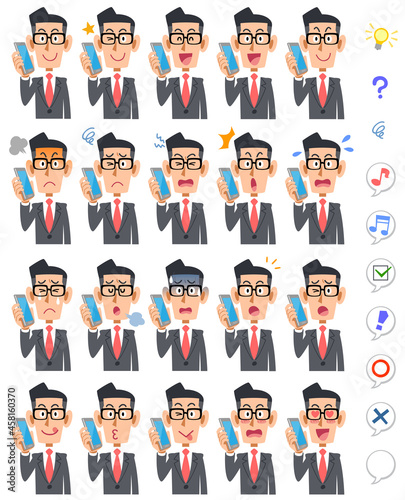 スマートフォンで会話する眼鏡をかけたビジネスマンの20種類の表情と上半身
