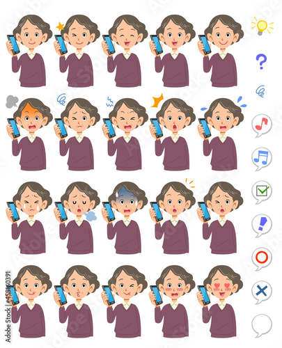 電話で会話するシニアの女性の20種類の表情と上半身
