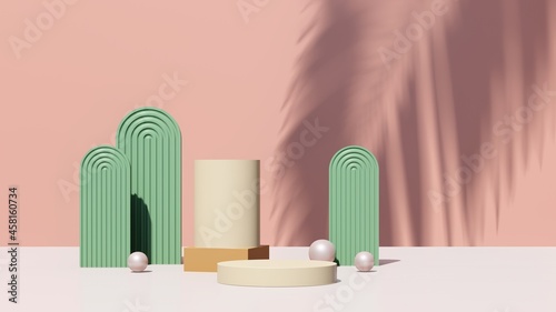 3d render image cream brown podium with green pink background product display advertisement.