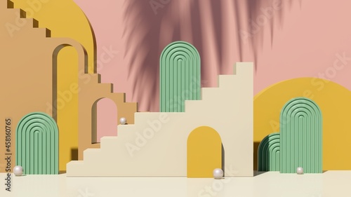 3d render image cream brown stairs podium with green pink background product display advertisement.