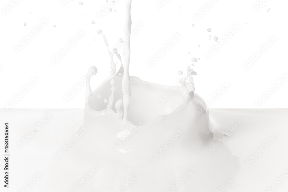 Pouring delicious milk on white background