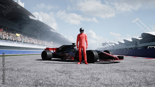 Obraz na plátně The racer standing on stadium. 3d rendering.