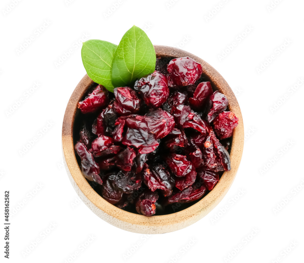 Bowl with tasty dried cranberries on white background Bowl with tasty dried cranberries on white background