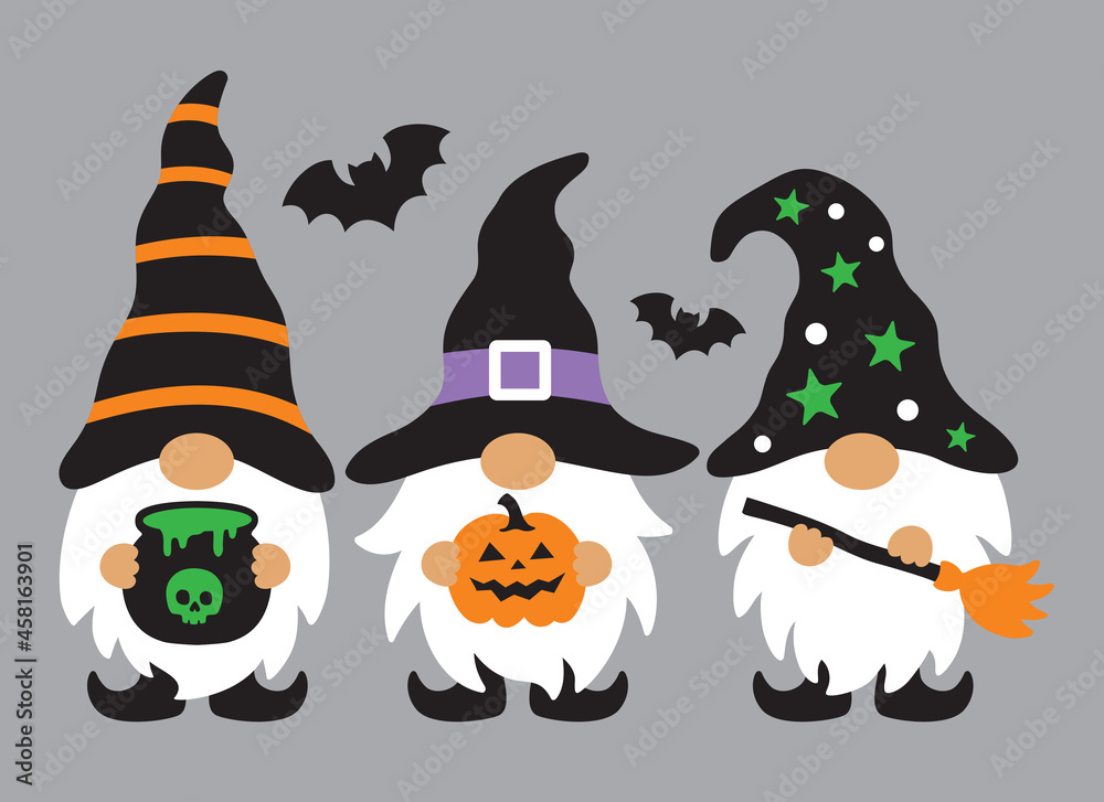 Three Halloween wizard gnomes holding a pumpkin, poison pot, and broomstick vector illustration. Three Halloween wizard gnomes holding a pumpkin, poison pot, and broomstick vector illustration.
