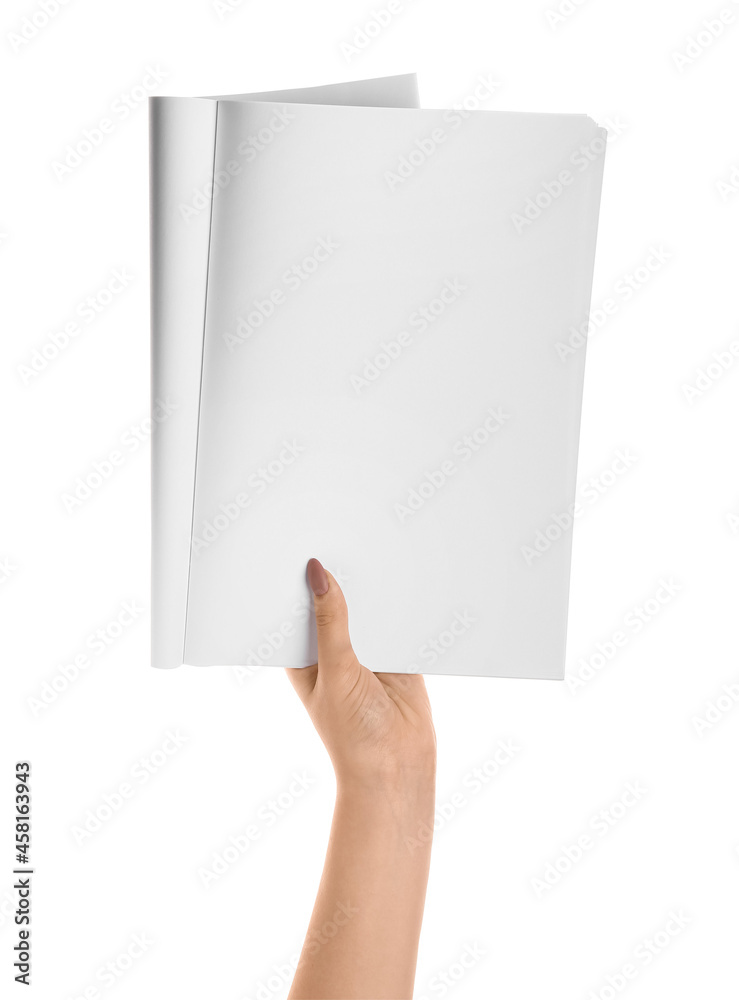 Female hand with blank magazine on white background Female hand with blank magazine on white background