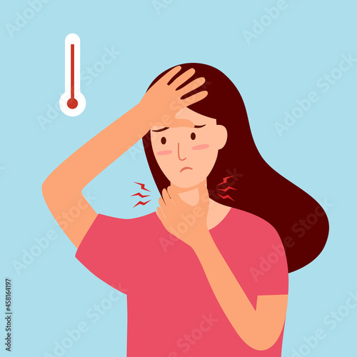 Sick woman suffering from flu. She has fever and sore throat symptom. Cold or influenza disease concept.