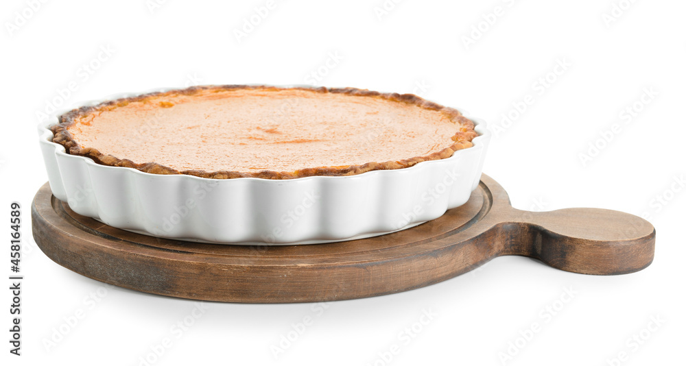Baking dish with tasty pumpkin pie on white background Baking dish with tasty pumpkin pie on white background