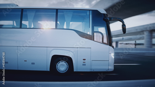 Touristic passenger bus on highway. Very fast driving. Tourism concept. 3d rendering. © 3D motion