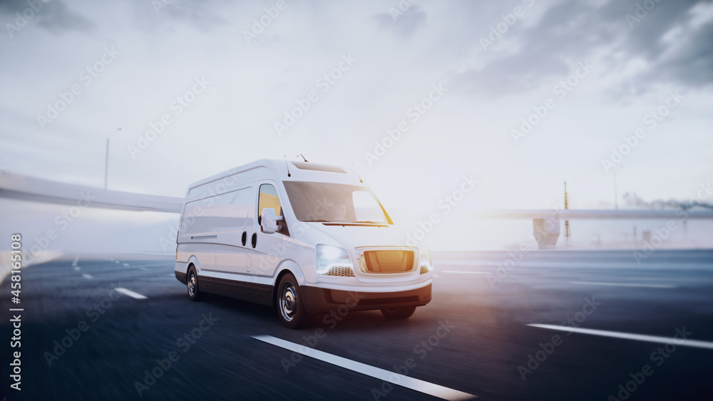 White delivery van on highway. Very fast driving. Delivery concept. 3d rendering.