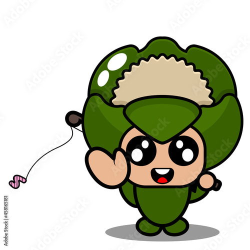vector cartoon character illustration cute vegetable cauliflower mascot costume with fishing rod