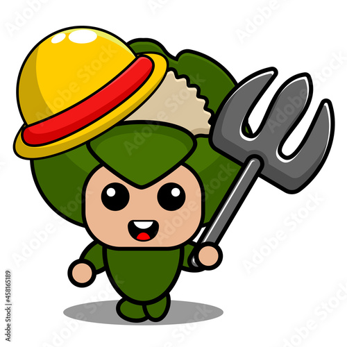 vector cartoon character illustration cute vegetable cauliflower mascot costume with hat and pitchfork