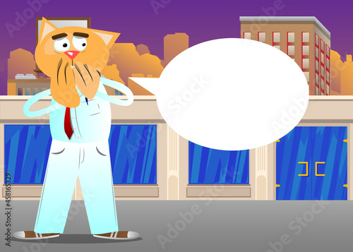 Funny cartoon cat with hands over mouth. Vector illustration. Cute orange, yellow haired young kitten.