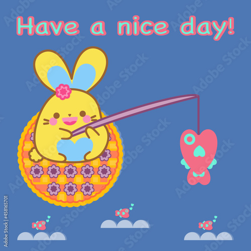 Have a nice day! Smiley bunny sitting on pie and enjoys fishing, activities at sea. The pie decorated with pretty purple flower. Yummy pie! Cute pastry! Lovely bakery!
