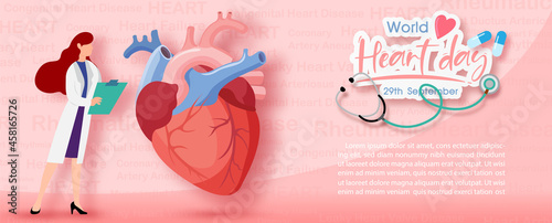 Image of doctor in cartoon character checkup a human heart with world heart day banner and example texts on heart disease pattern and pink background. Poster campaign of World heart day in vector.