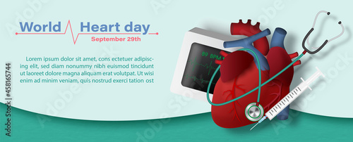 Medical tools with a human heart and the day and name of event, example texts on abstract shape and green background. Poster campaign of World Heart Day in vector design.