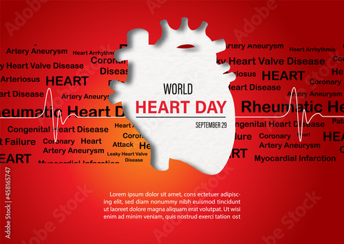 Wording of world heart day on white banner in human heart shape with example texts on name of heart disease pattern and red background. Poster campaign of world heart day in vector design.